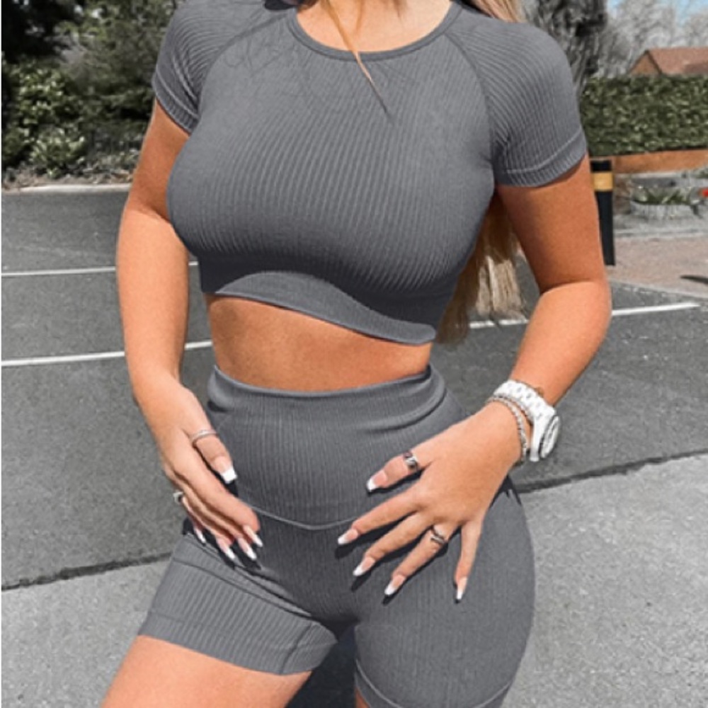Women's Workout Seamless Outfits Ribbed Yoga Running 2 Piece